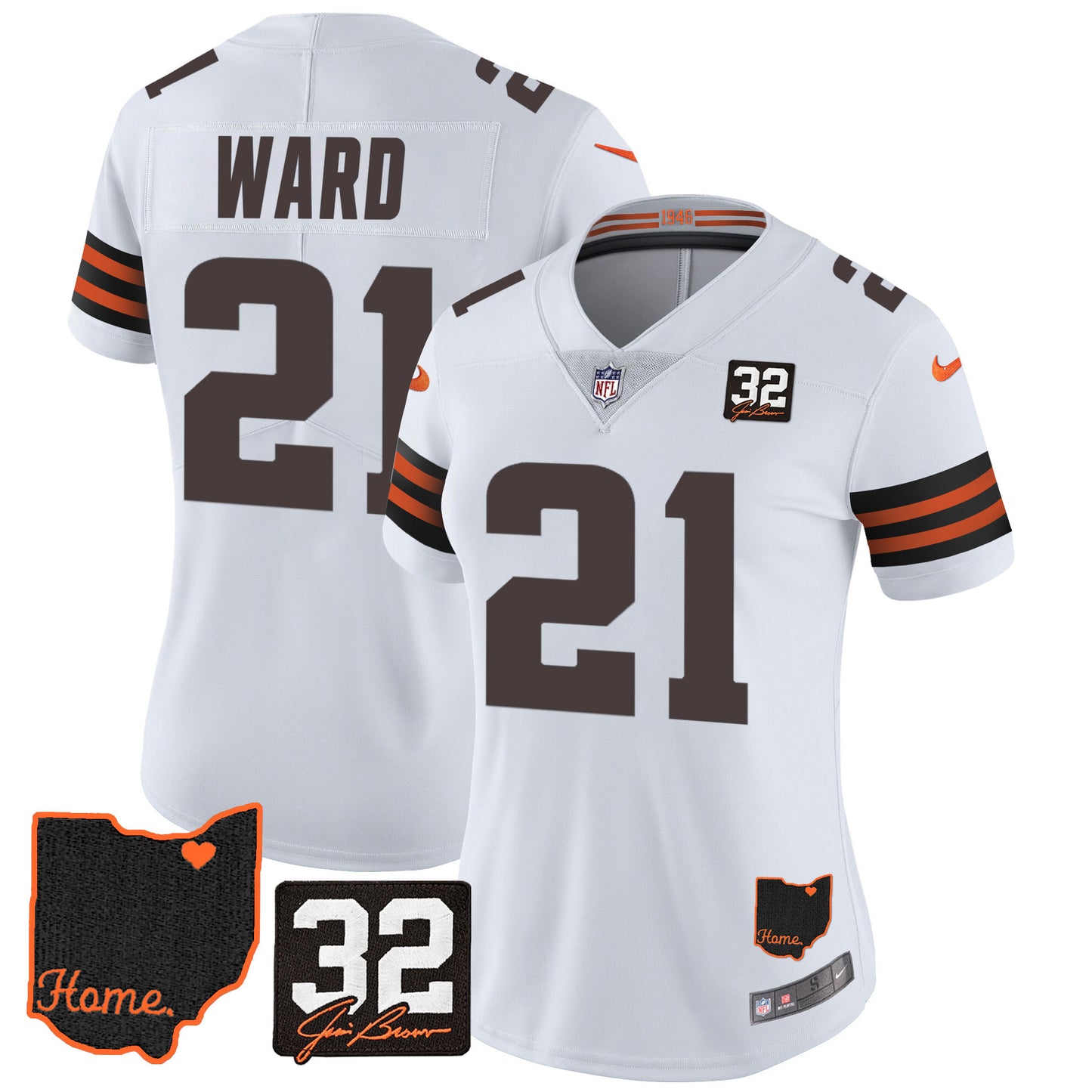 Women's Browns #32 Jim Brown Memorial & Home Patch Jersey V3 - All Stitched