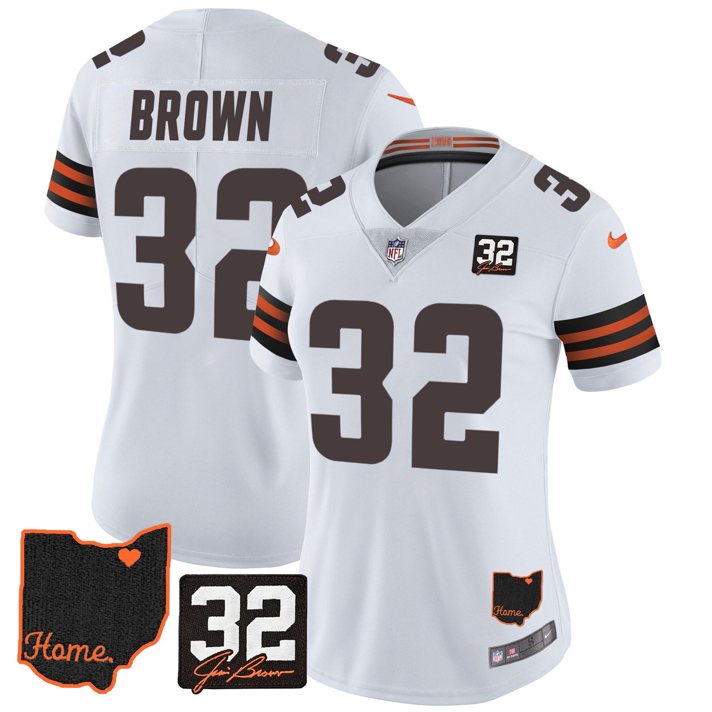 Women's Browns #32 Jim Brown Memorial & Home Patch Jersey V3 - All Stitched