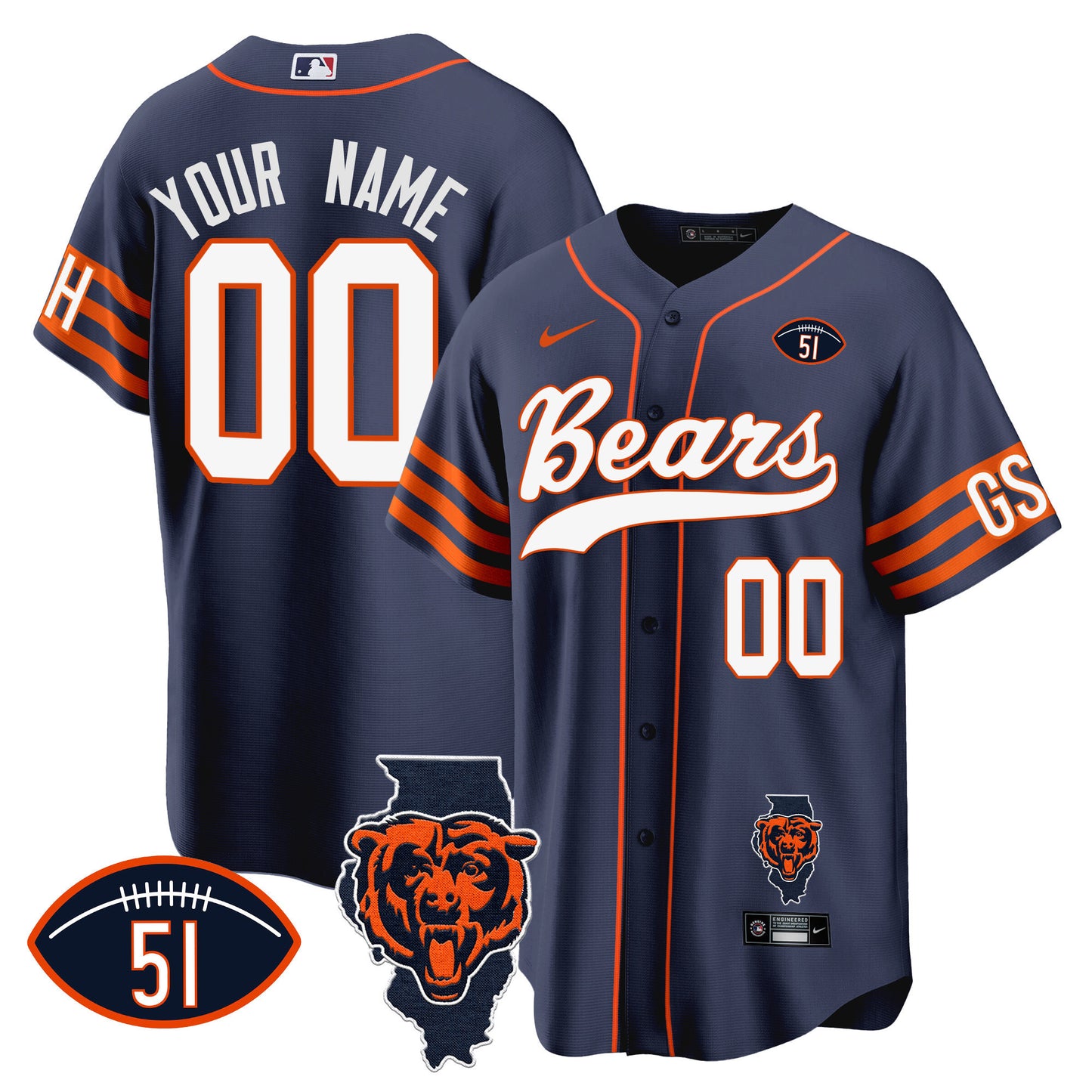 Bears Illinois Patch Baseball Custom Jersey - All Stitched