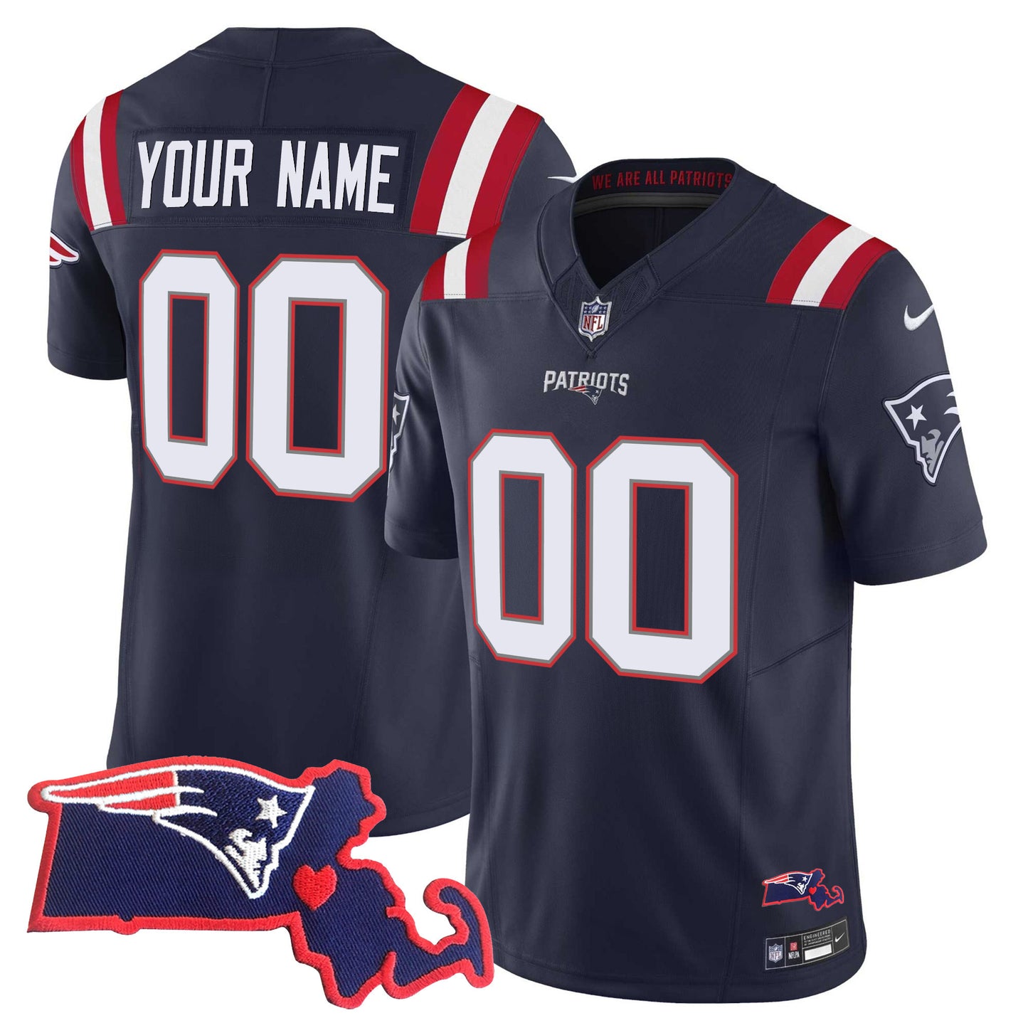 Patriots Massachusetts Patch Vapor Custom Jersey - All Stitched