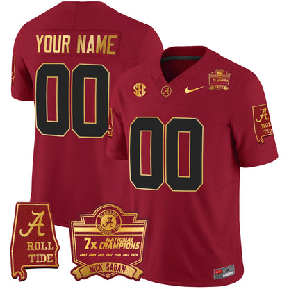 Alabama Crimson Tide Nick Saban 7x Champions Patch Gold Trim Custom Jersey - All Stitched