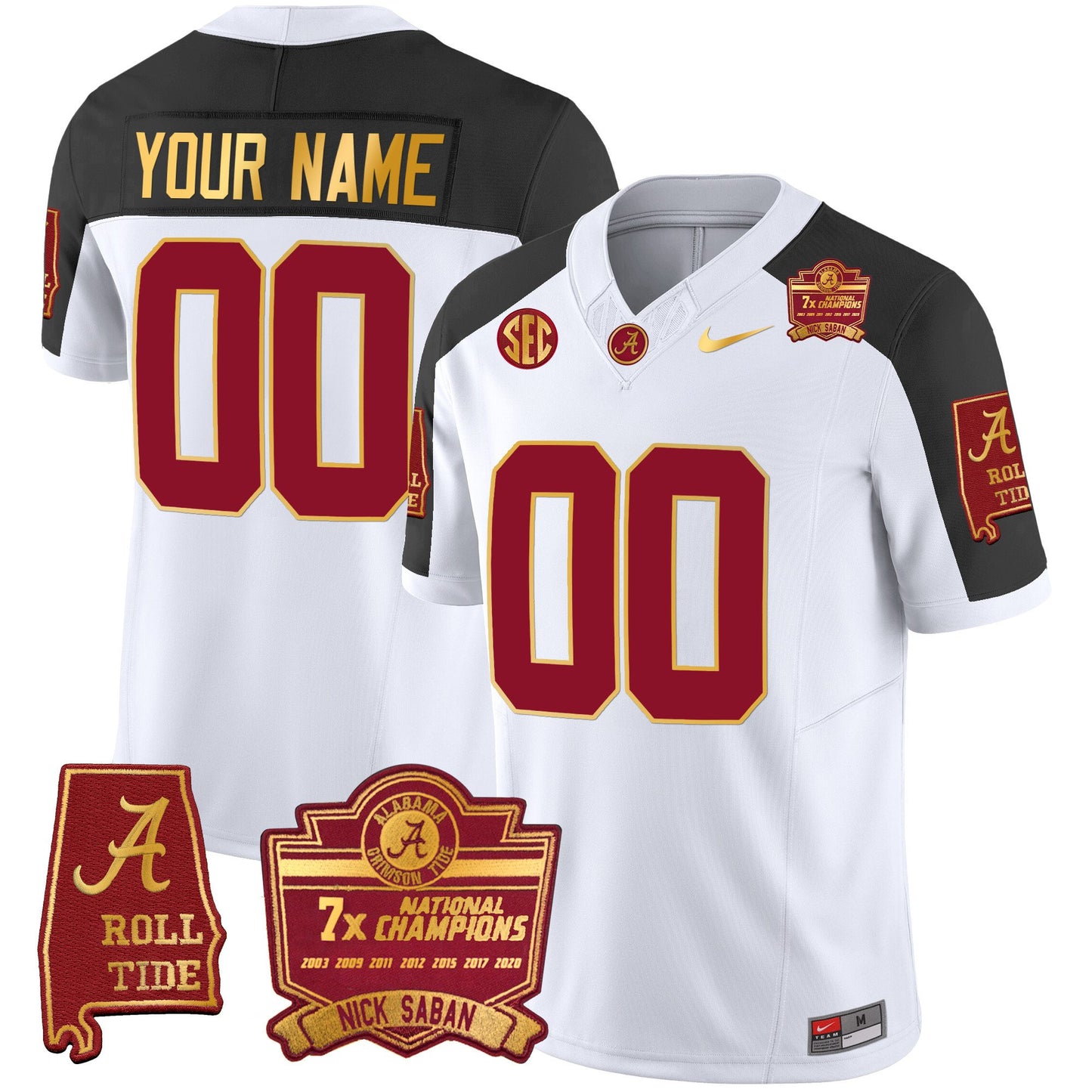 Alabama Crimson Tide Nick Saban 7x Champions Patch Gold Trim Custom Jersey - All Stitched