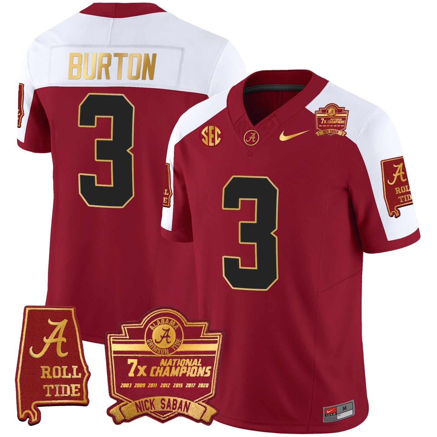 Alabama Crimson Tide Nick Saban 7x Champions Patch Gold Trim Jersey - All Stitched