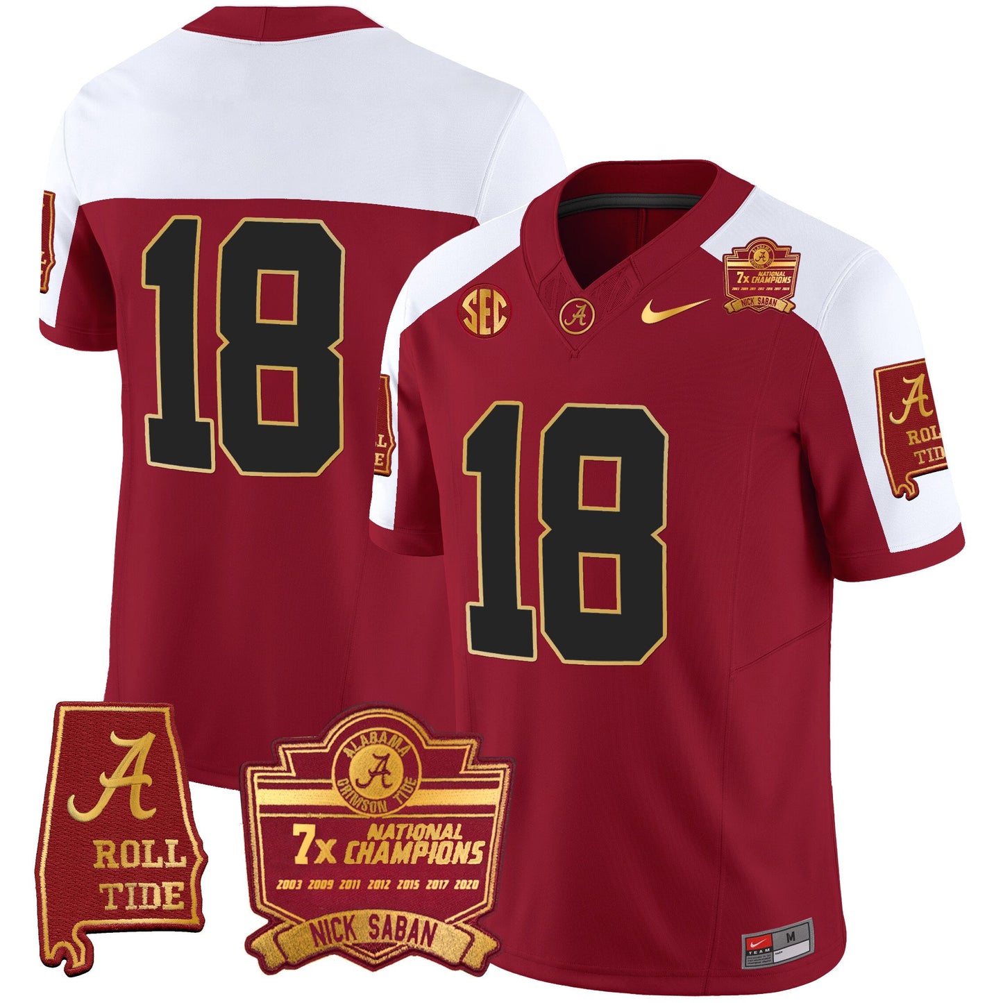 Alabama Crimson Tide Nick Saban 7x Champions Patch Gold Trim Jersey - All Stitched