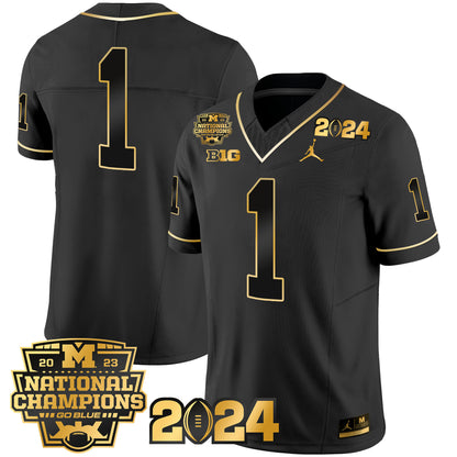 Michigan Wolverines 2023 National Champions Patch Gold Vapor Jersey - All Stitched