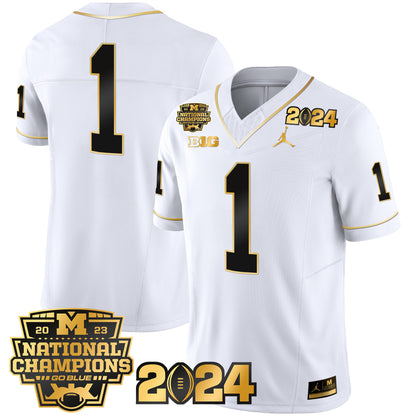 Michigan Wolverines 2023 National Champions Patch Gold Vapor Jersey - All Stitched