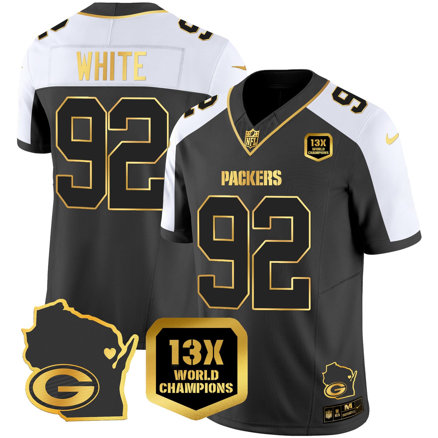 Packers 13 Time World Champions & Home Patch Gold Vapor Jersey V2 - All Stitched