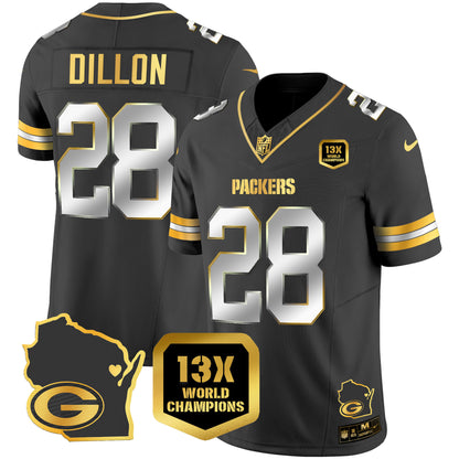 Packers 13 Time World Champions & Home Patch Gold Vapor Jersey V2 - All Stitched