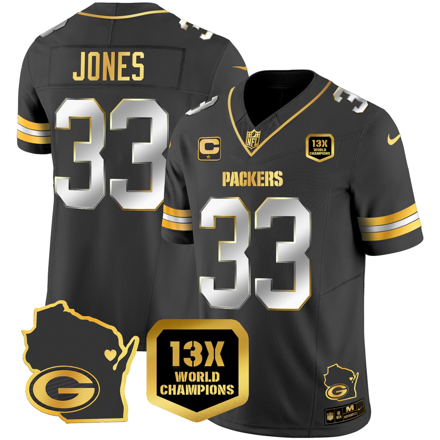 Packers 13 Time World Champions & Home Patch Gold Vapor Jersey V2 - All Stitched