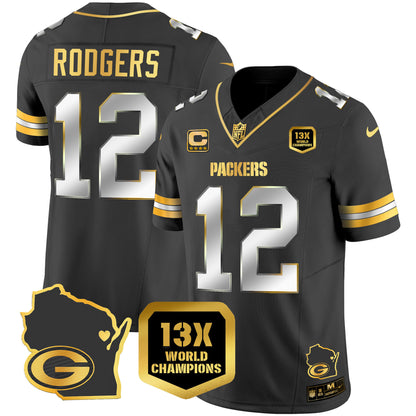 Packers 13 Time World Champions & Home Patch Gold Vapor Jersey V2 - All Stitched