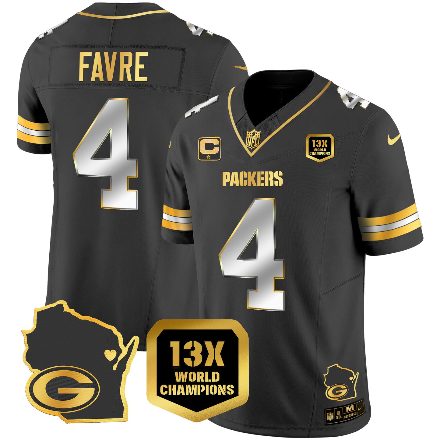 Packers 13 Time World Champions & Home Patch Gold Vapor Jersey V2 - All Stitched