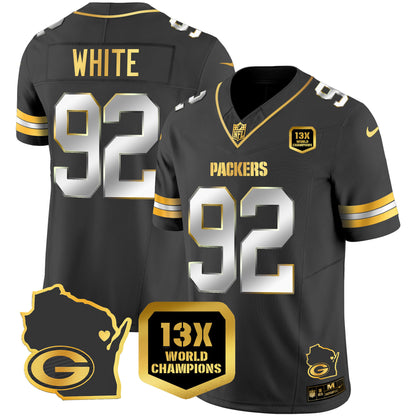 Packers 13 Time World Champions & Home Patch Gold Vapor Jersey V2 - All Stitched