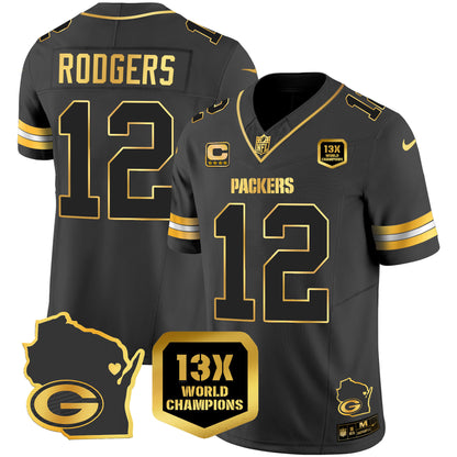 Packers 13 Time World Champions & Home Patch Gold Vapor Jersey V2 - All Stitched