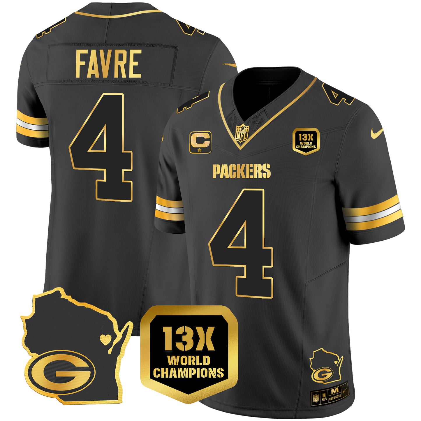 Packers 13 Time World Champions & Home Patch Gold Vapor Jersey V2 - All Stitched