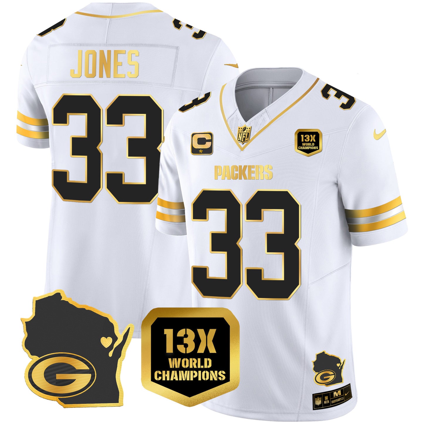 Packers 13 Time World Champions & Home Patch Gold Vapor Jersey V2 - All Stitched