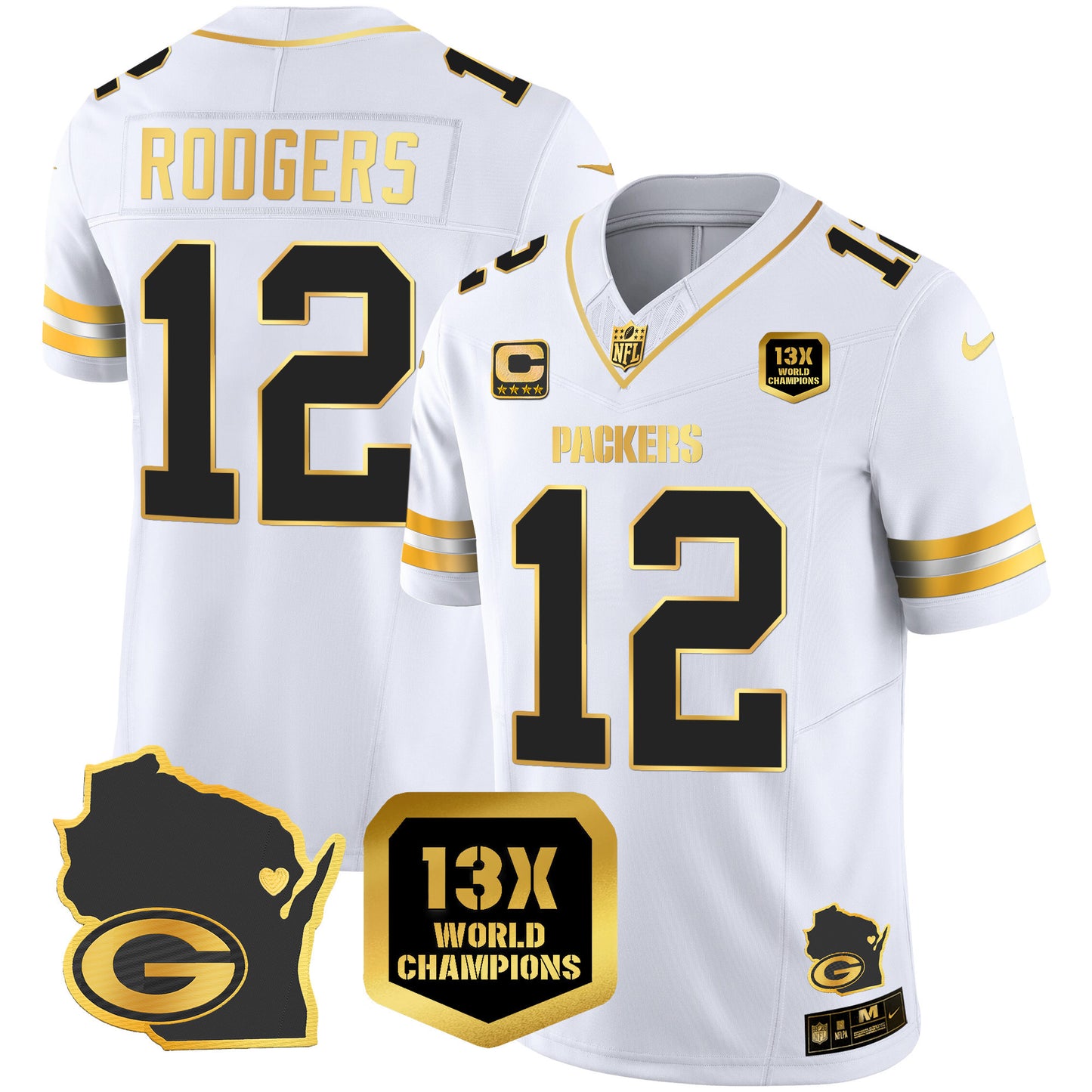 Packers 13 Time World Champions & Home Patch Gold Vapor Jersey V2 - All Stitched