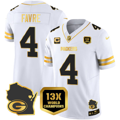 Packers 13 Time World Champions & Home Patch Gold Vapor Jersey V2 - All Stitched