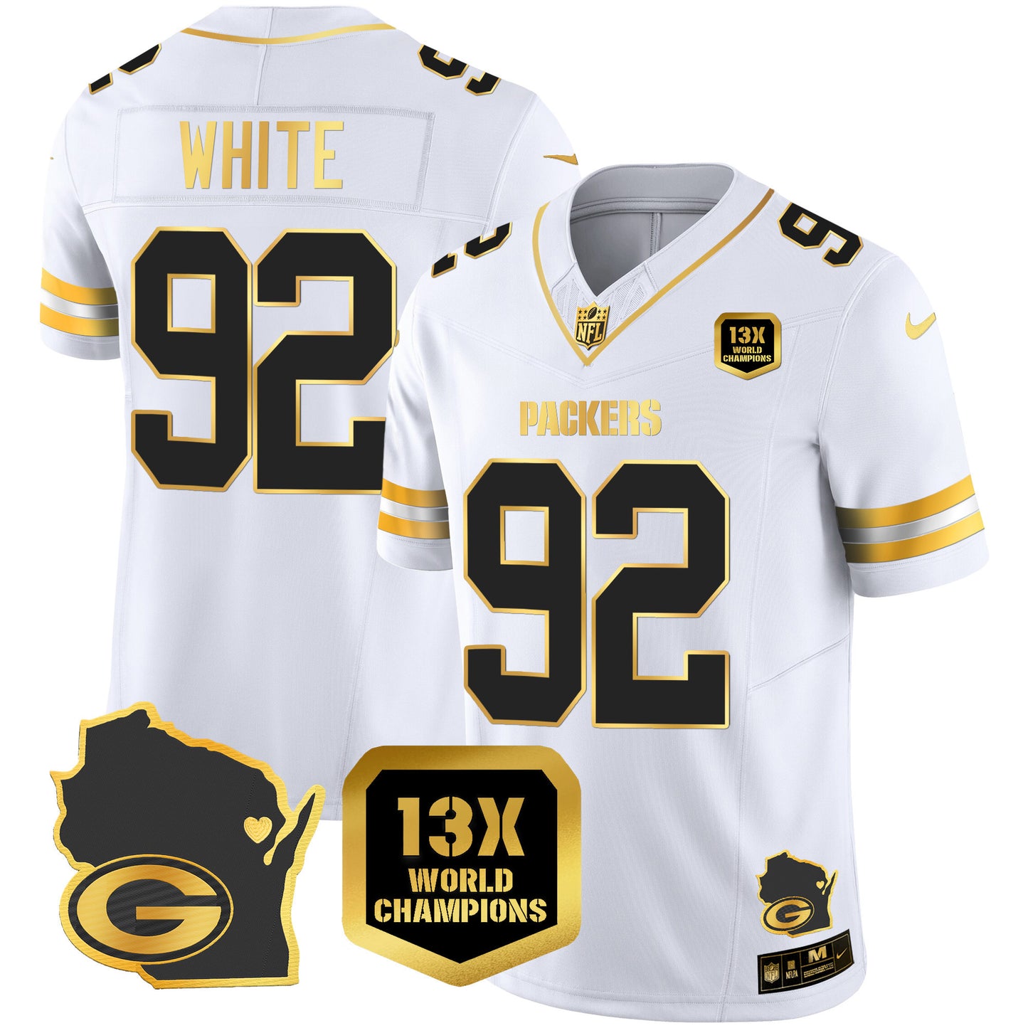 Packers 13 Time World Champions & Home Patch Gold Vapor Jersey V2 - All Stitched