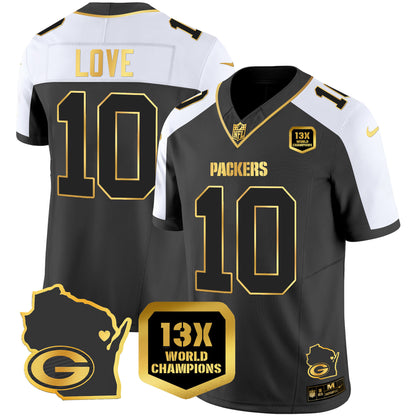 Packers 13 Time World Champions & Home Patch Gold Vapor Jersey V2 - All Stitched