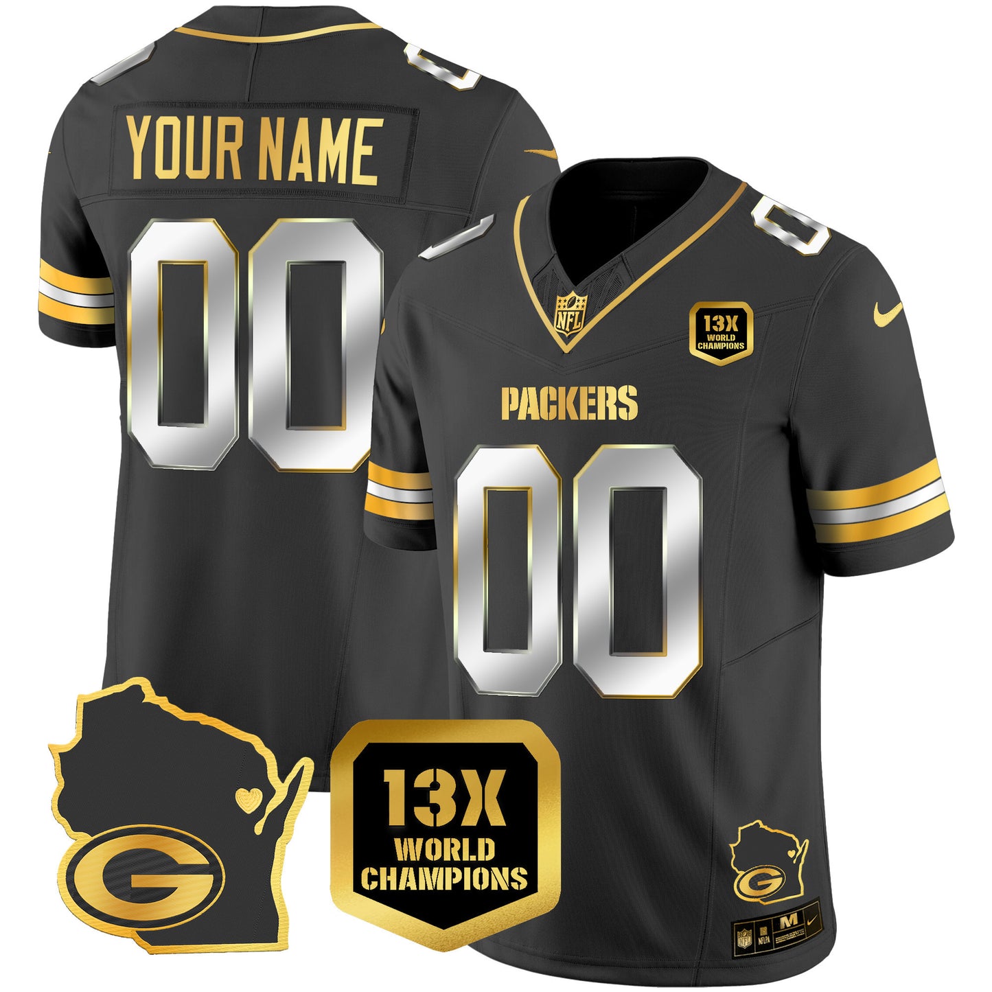 Packers 13 Time World Champions & Home Patch Gold Vapor Jersey V2 - All Stitched