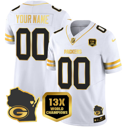 Packers 13 Time World Champions & Home Patch Gold Vapor Jersey V2 - All Stitched