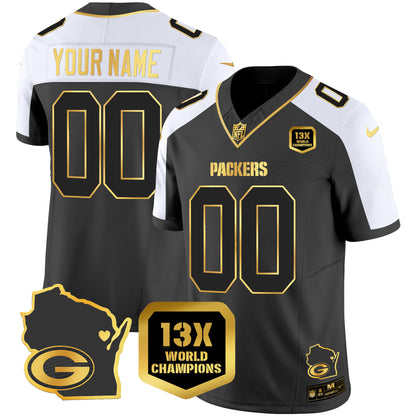 Packers 13 Time World Champions & Home Patch Gold Vapor Jersey V2 - All Stitched