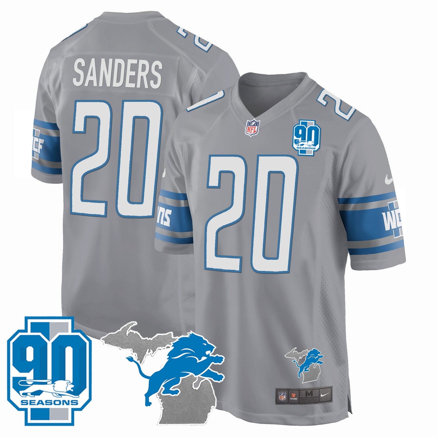 Detroit Lions 90th Year & Michigan Patch Game Jersey - All Stitched