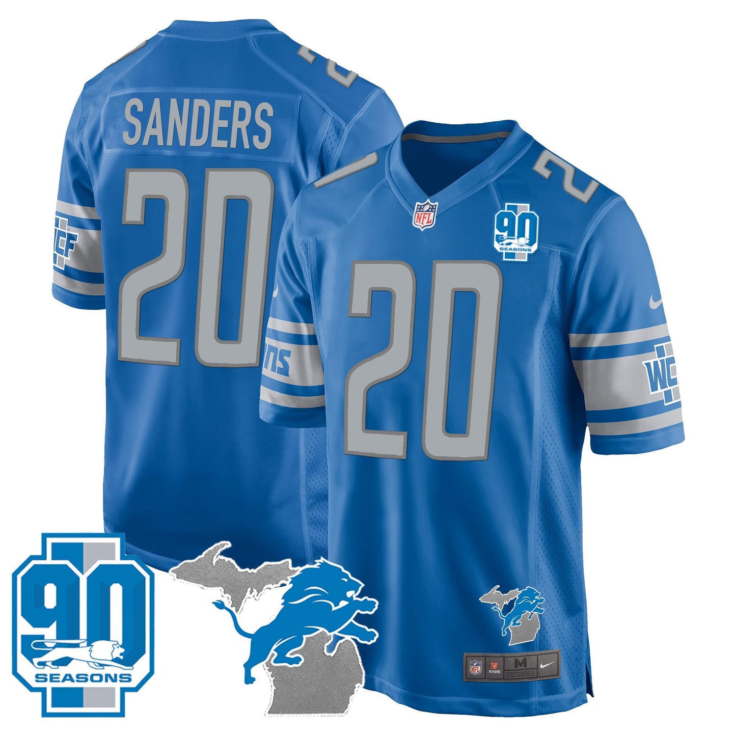 Detroit Lions 90th Year & Michigan Patch Game Jersey - All Stitched