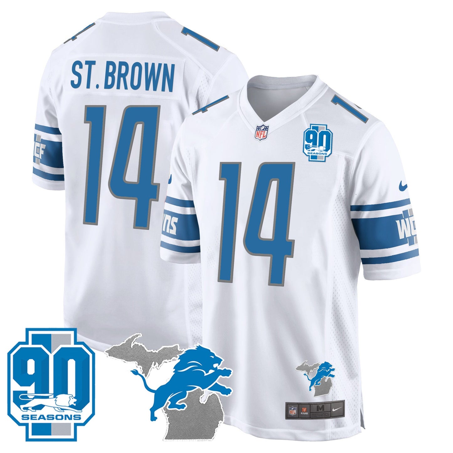 Detroit Lions 90th Year & Michigan Patch Game Jersey - All Stitched