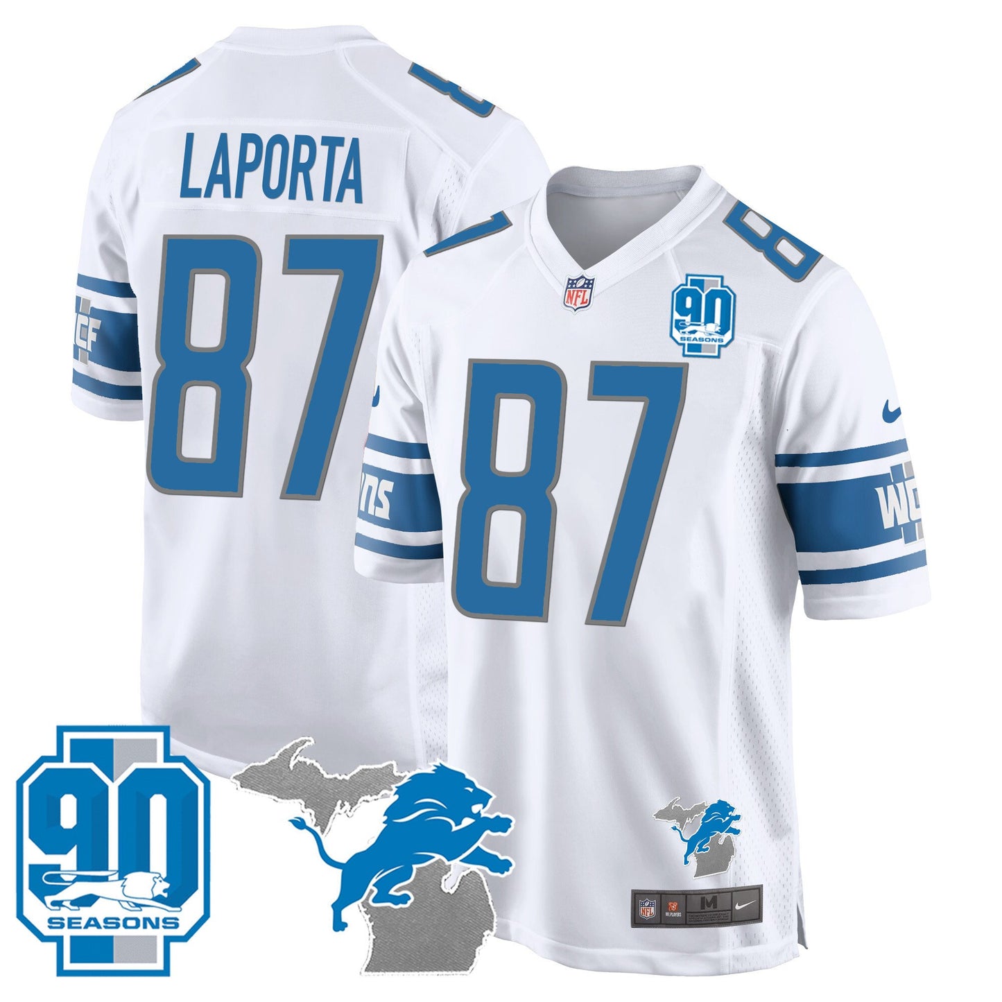 Detroit Lions 90th Year & Michigan Patch Game Jersey - All Stitched