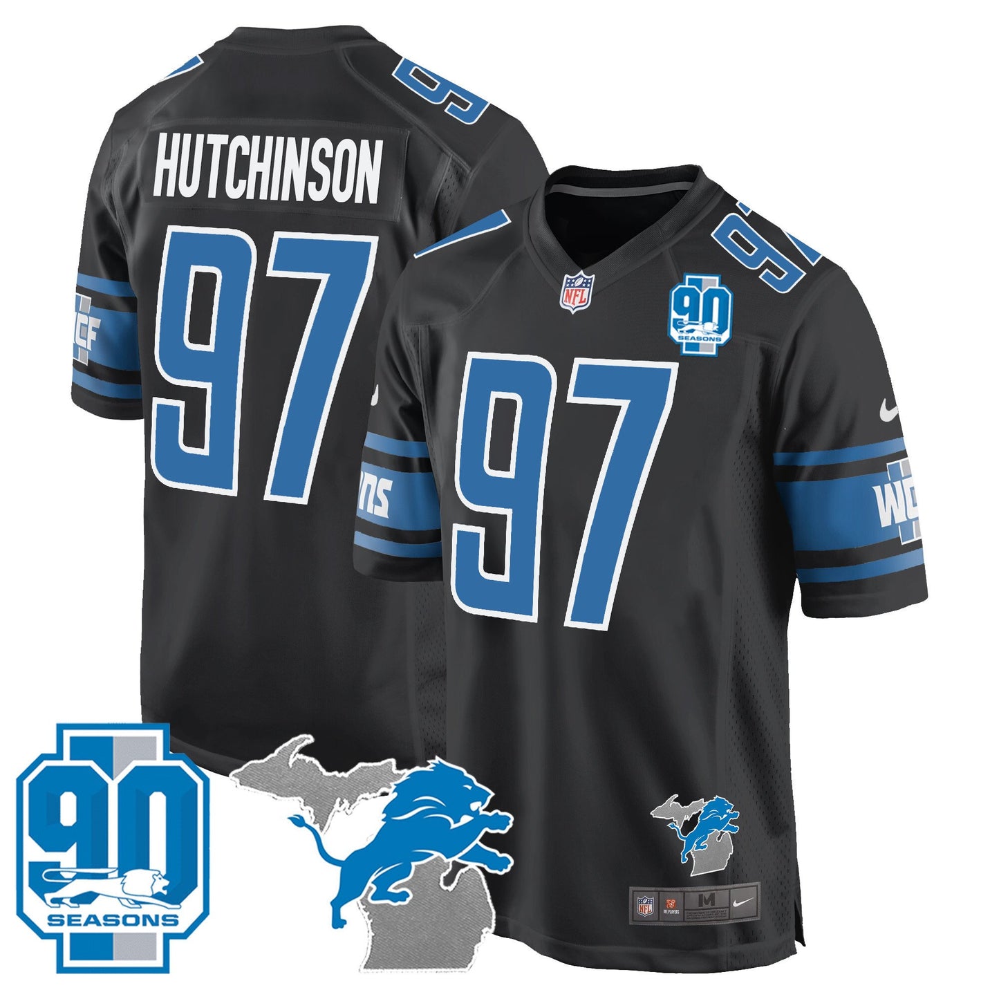 Detroit Lions 90th Year & Michigan Patch Game Jersey - All Stitched