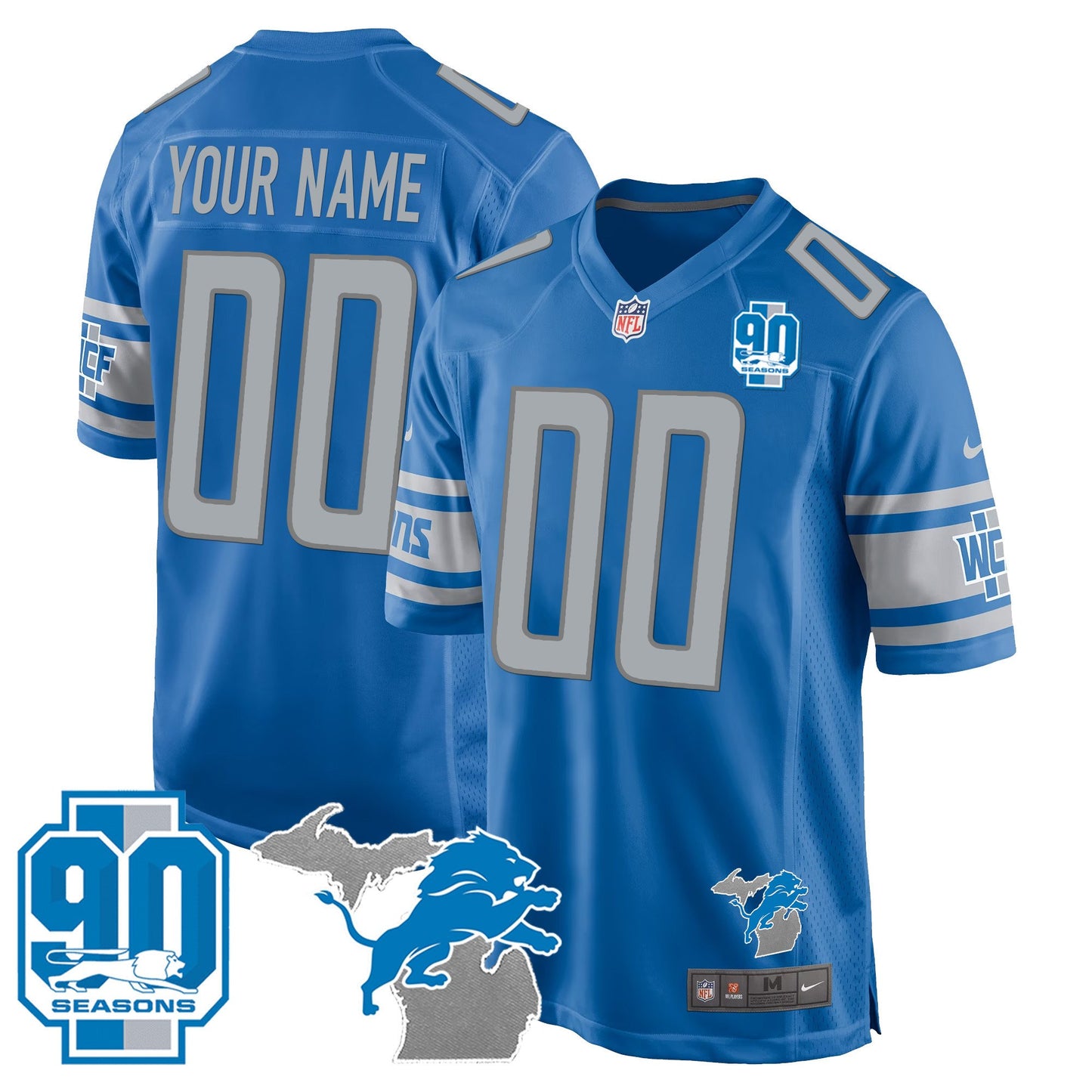 Detroit Lions 90th Year & Michigan Patch Game Custom Jersey - All Stitched