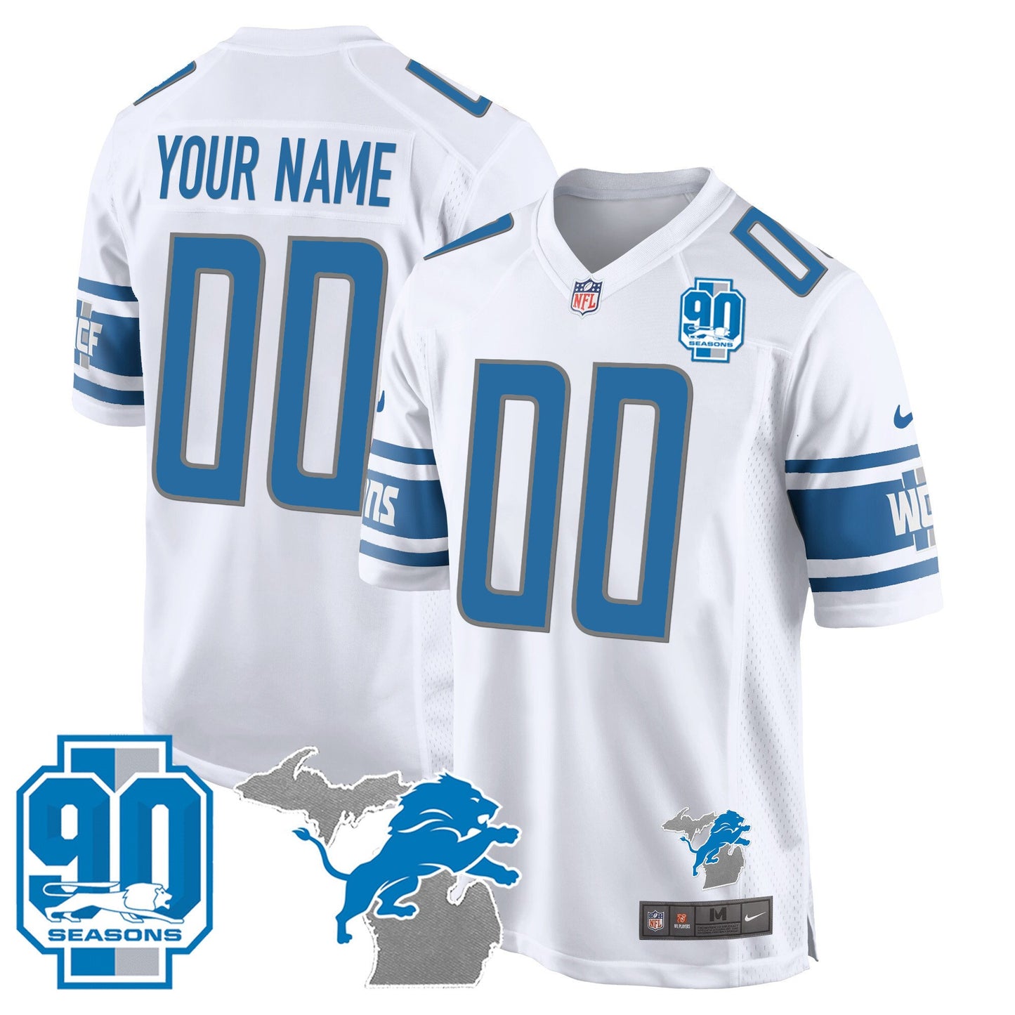 Detroit Lions 90th Year & Michigan Patch Game Custom Jersey - All Stitched