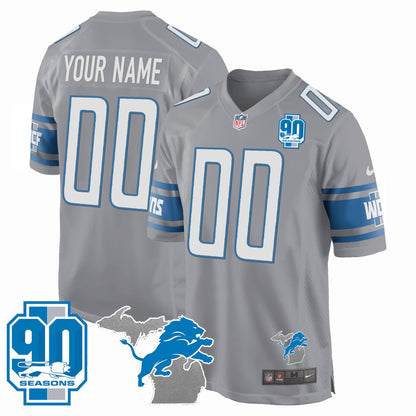 Detroit Lions 90th Year & Michigan Patch Game Custom Jersey - All Stitched