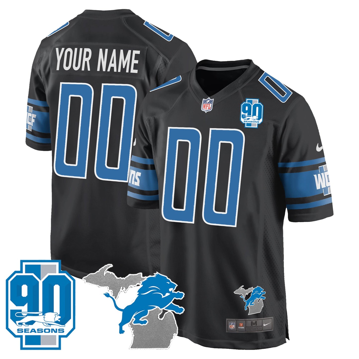 Detroit Lions 90th Year & Michigan Patch Game Custom Jersey - All Stitched