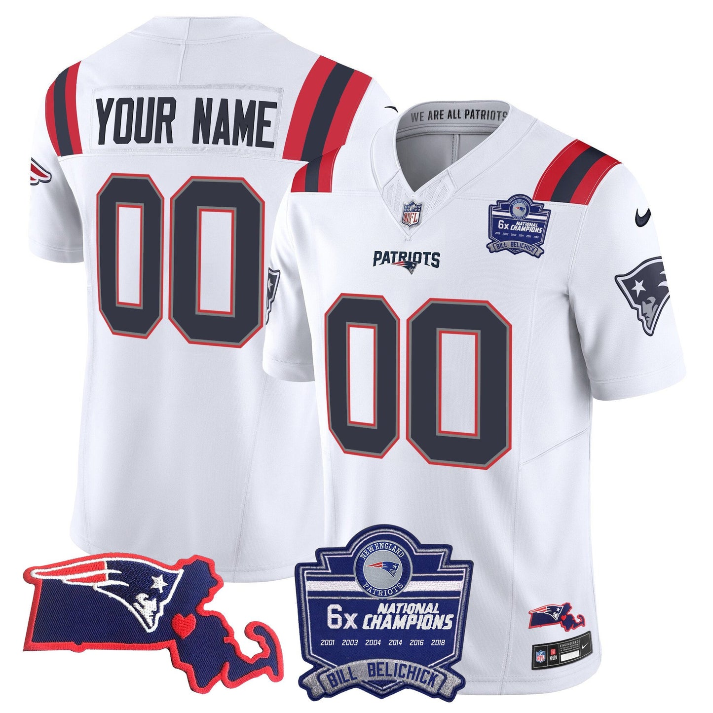 Patriots Bill Belichick 6x Champions Patch Vapor Custom Jersey - All Stitched