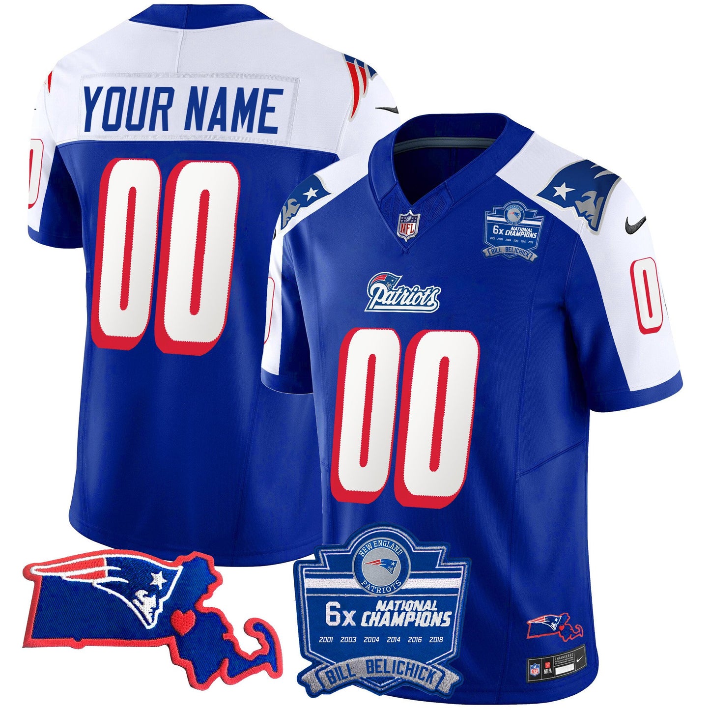 Patriots Bill Belichick 6x Champions Patch Vapor Custom Jersey - All Stitched