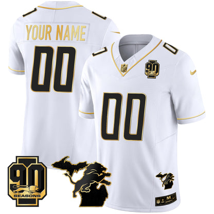 Detroit Lions 90th Year & Michigan Patch Gold Vapor Custom Jersey - All Stitched