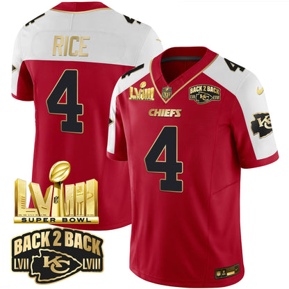 Chiefs Super Bowl LVIII & Back 2 Back Gold Patch Vapor Jersey - All Stitched