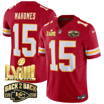 Chiefs Super Bowl LVIII & Back 2 Back Gold Patch Vapor Jersey - All Stitched