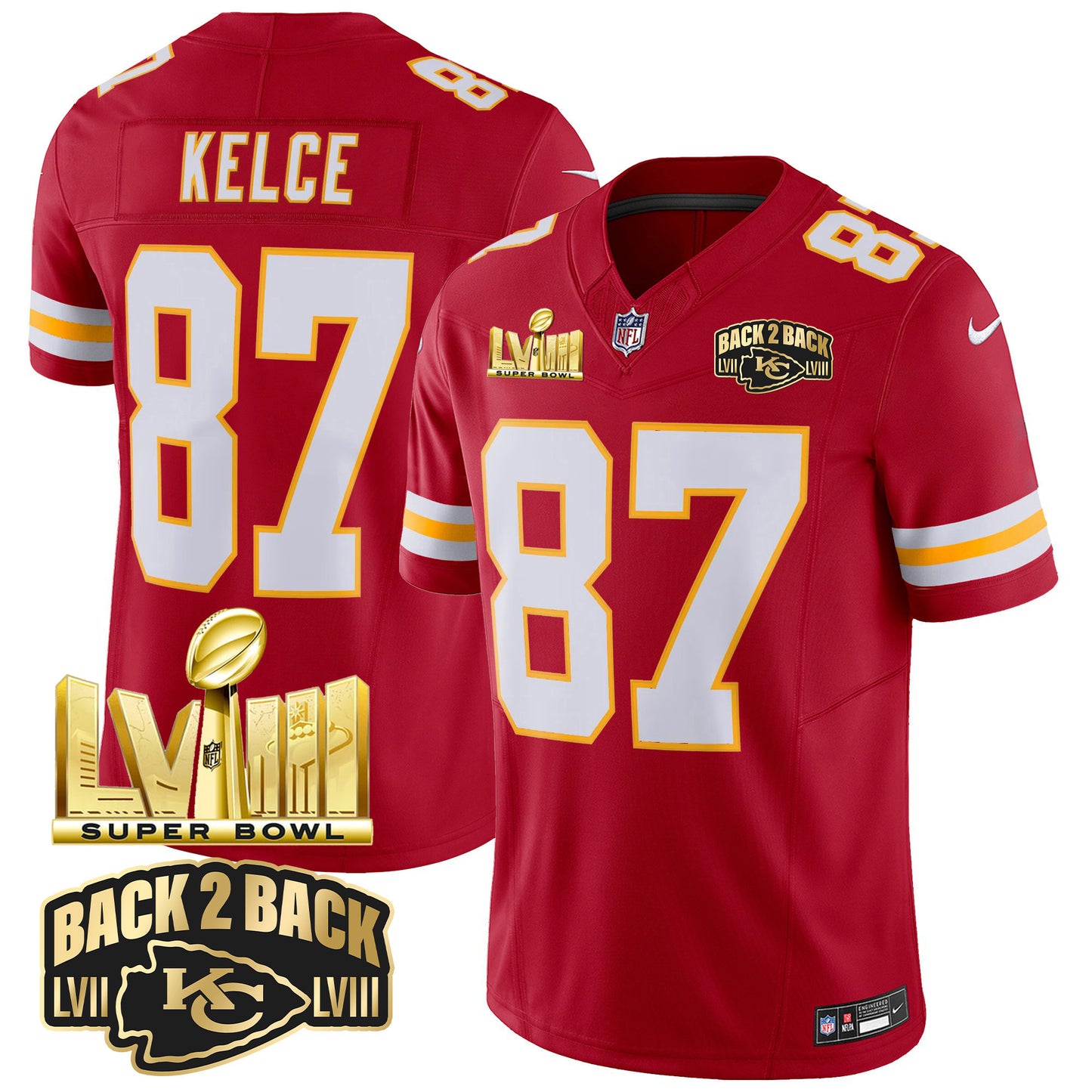 Chiefs Super Bowl LVIII & Back 2 Back Gold Patch Vapor Jersey - All Stitched