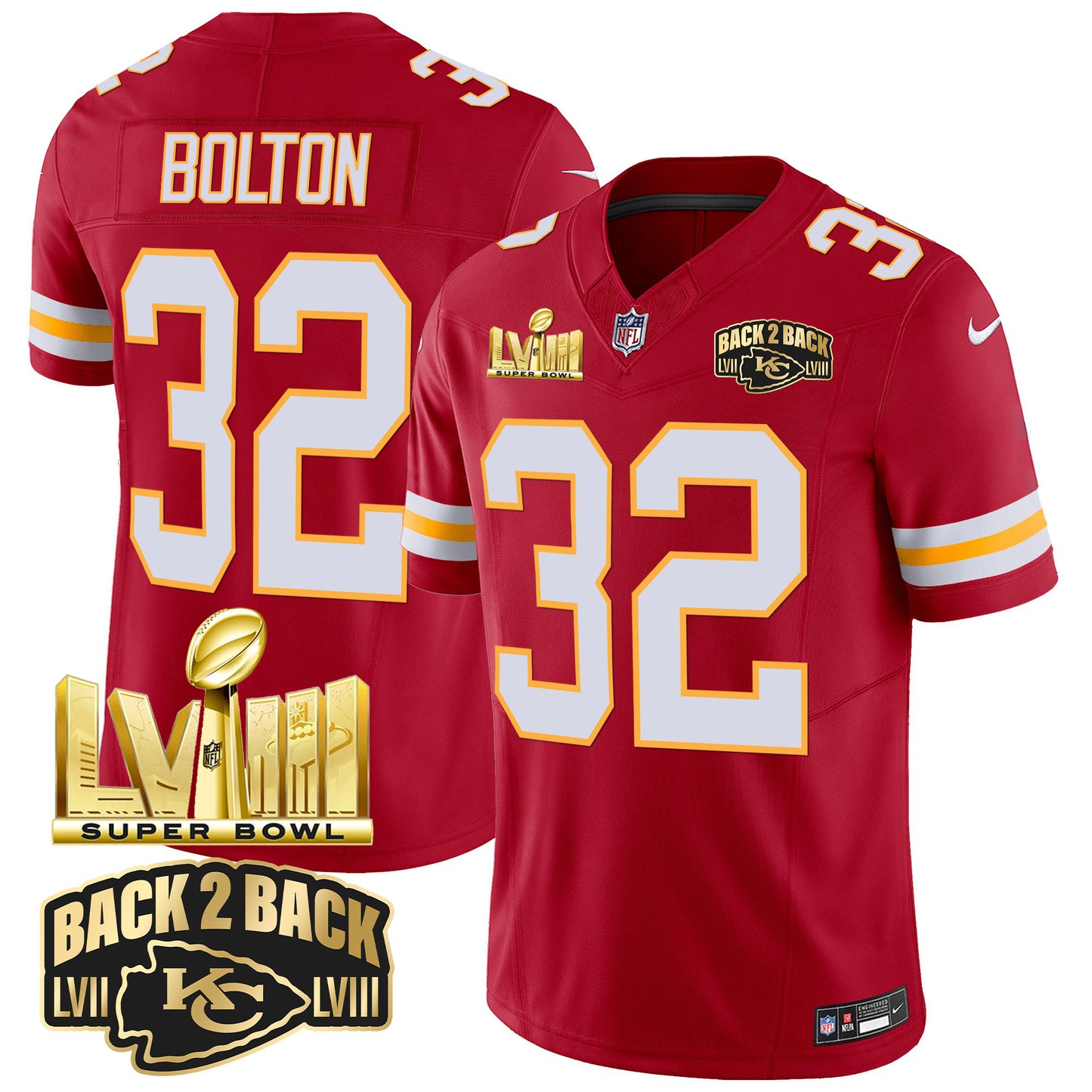 Chiefs Super Bowl LVIII & Back 2 Back Gold Patch Vapor Jersey - All Stitched