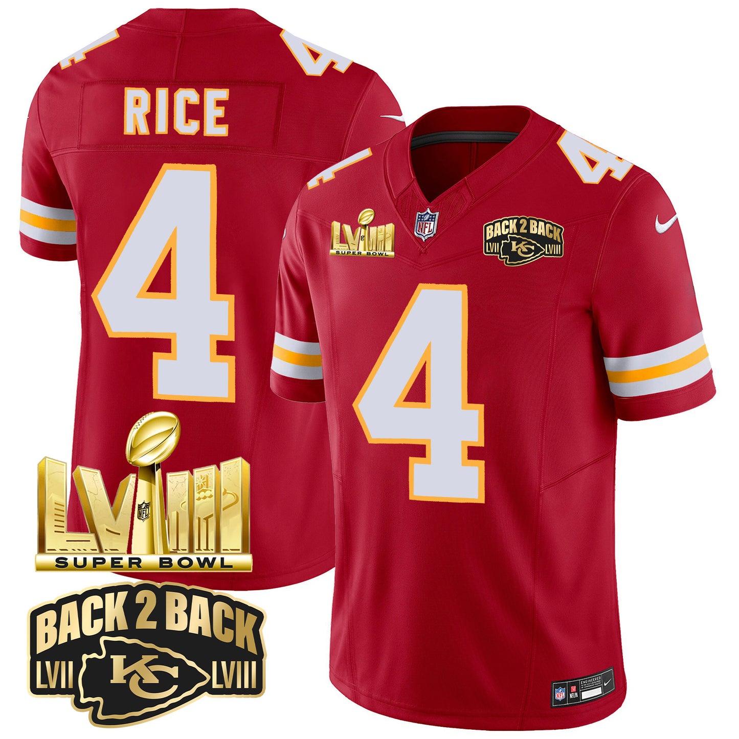 Chiefs Super Bowl LVIII & Back 2 Back Gold Patch Vapor Jersey - All Stitched