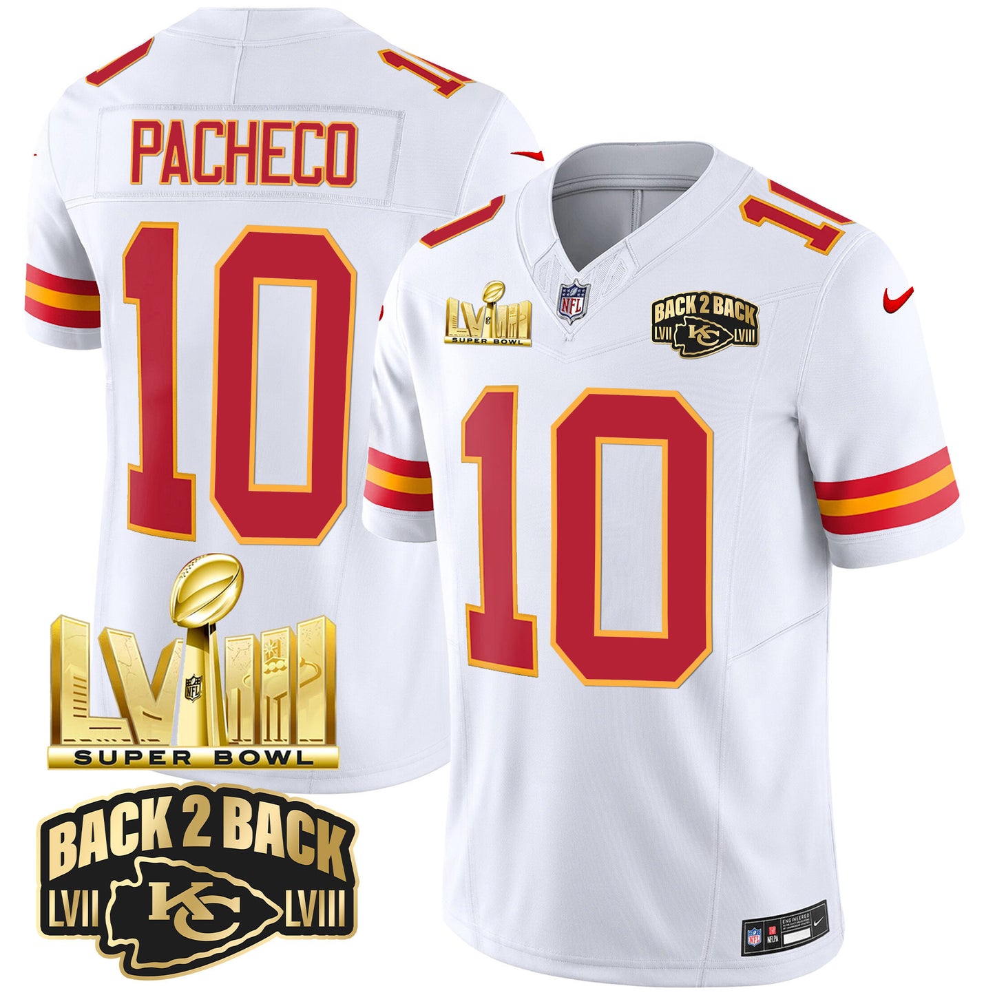 Chiefs Super Bowl LVIII & Back 2 Back Gold Patch Vapor Jersey - All Stitched