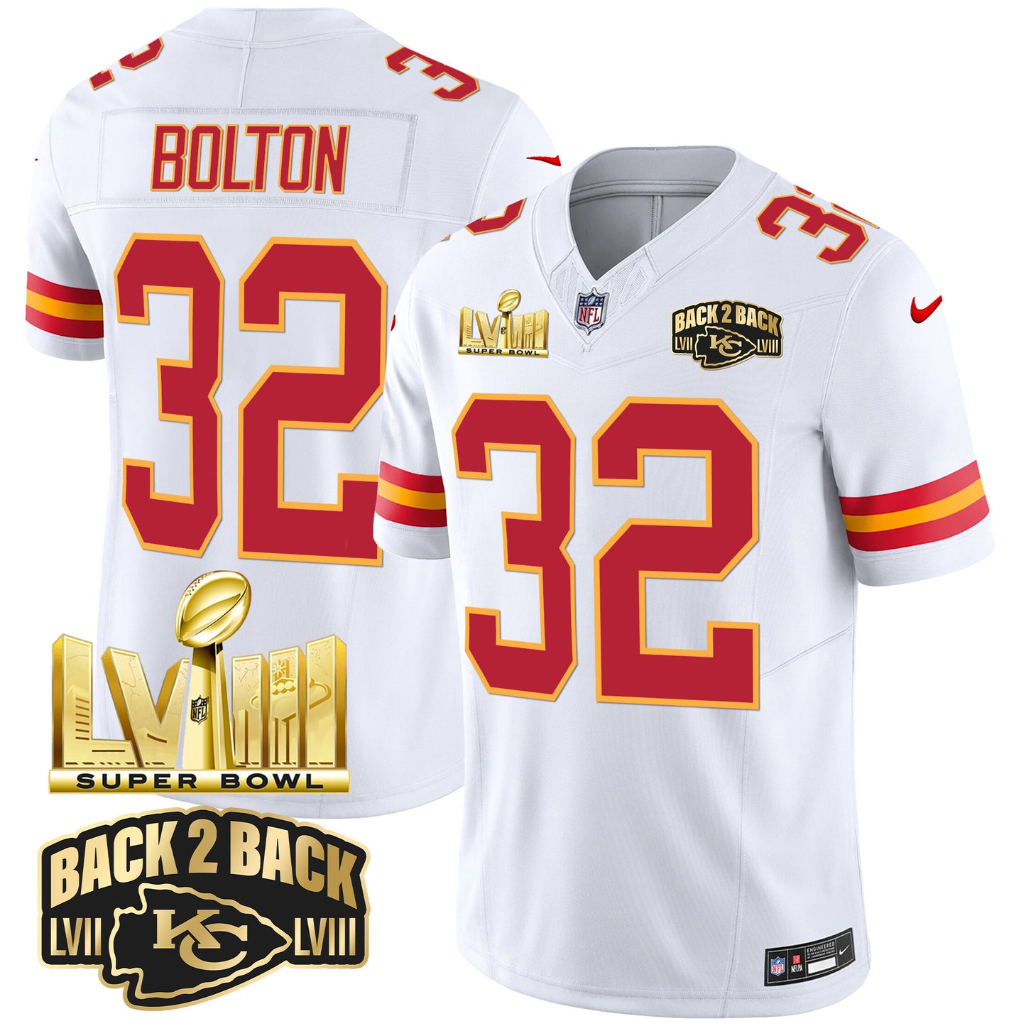 Chiefs Super Bowl LVIII & Back 2 Back Gold Patch Vapor Jersey - All Stitched