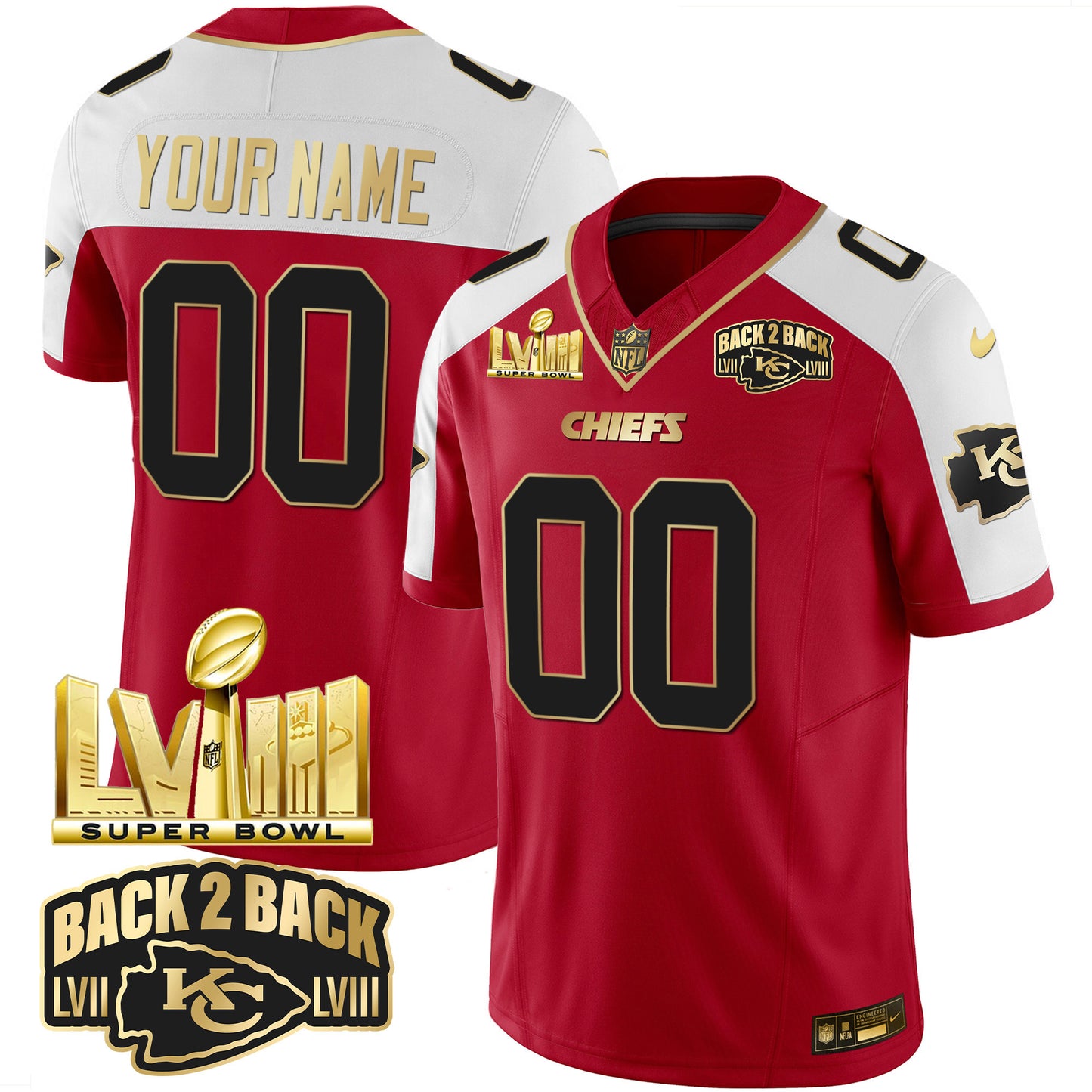 Chiefs Super Bowl LVIII & Back 2 Back Gold Patch Vapor Custom Jersey - All Stitched