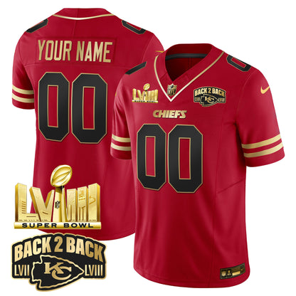 Chiefs Super Bowl LVIII & Back 2 Back Gold Patch Vapor Custom Jersey - All Stitched