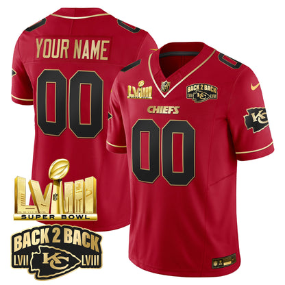 Chiefs Super Bowl LVIII & Back 2 Back Gold Patch Vapor Custom Jersey - All Stitched