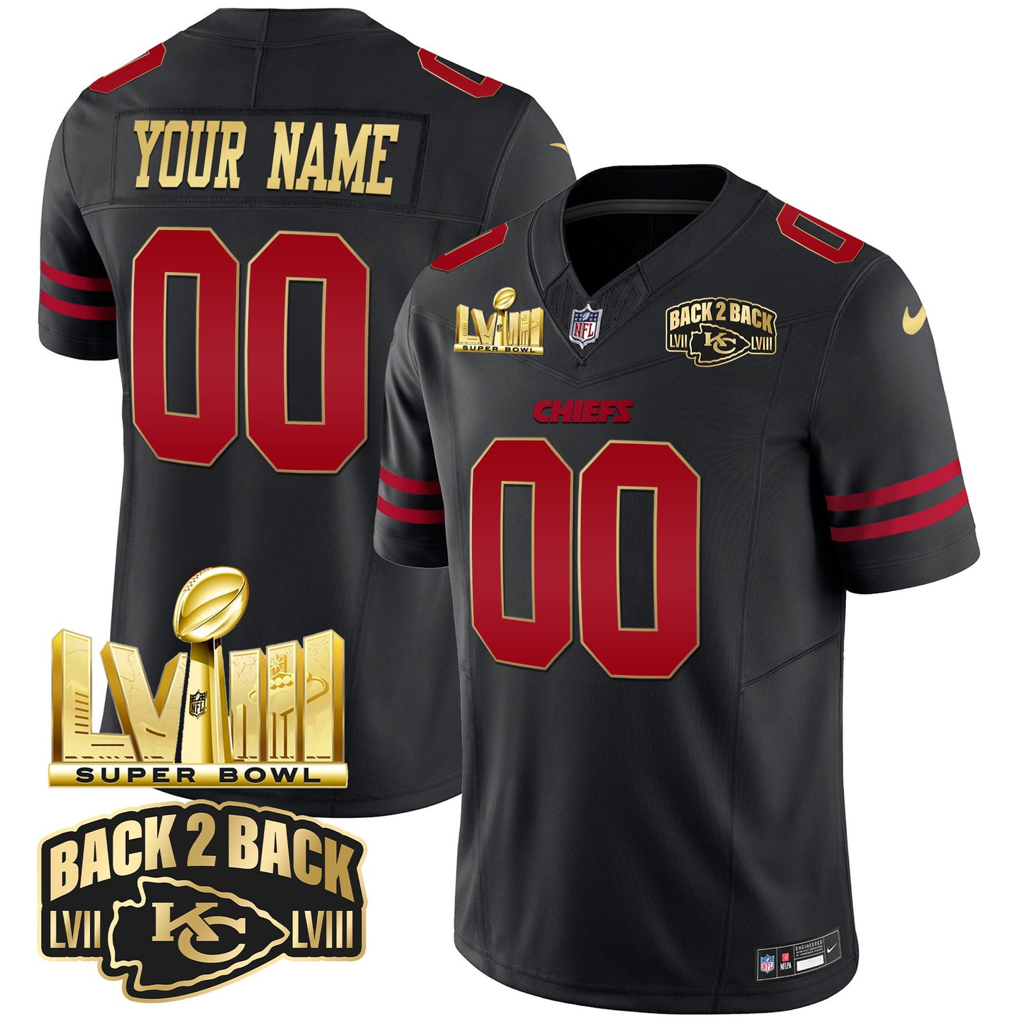 Chiefs Super Bowl LVIII & Back 2 Back Gold Patch Vapor Custom Jersey - All Stitched