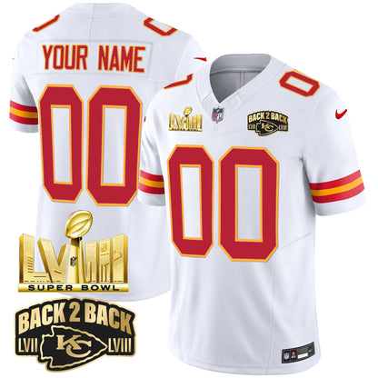 Chiefs Super Bowl LVIII & Back 2 Back Gold Patch Vapor Custom Jersey - All Stitched